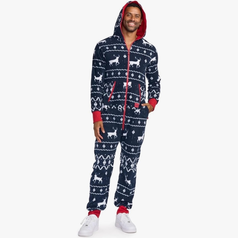 Tipsy Elves Blue Reindeer Jumpsuit with lots of pockets sz small